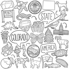 Colorado State Doodle Icons Black and White Line Art. United States Clipart Hand Drawn Symbol Design.