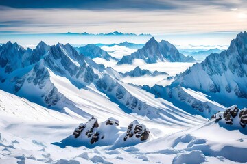 Fototapeta na wymiar A majestic view of snow-covered mountain peaks rising above the clouds. The stark contrast between the white snow, blue sky, and rugged terrain creates a striking backdrop