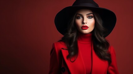 Fototapeta na wymiar Fashionable woman in red coat and black hat posing