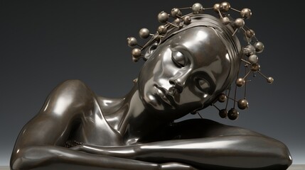 Female bust with head resting on hand and metal spheres - obrazy, fototapety, plakaty