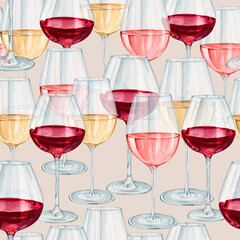 Watercolor wineglasses seamless pattern