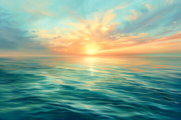 Generate a peaceful and uplifting painting of a breathtaking sunset over a calm ocean