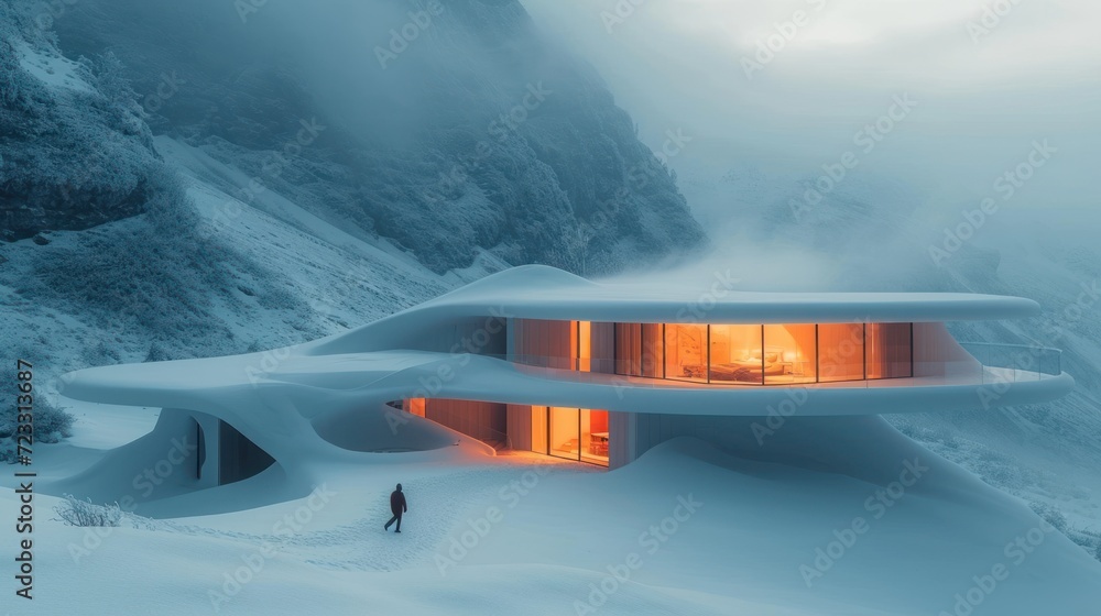 Poster a person standing in the snow in front of a building that looks like it is on top of a snow covered 