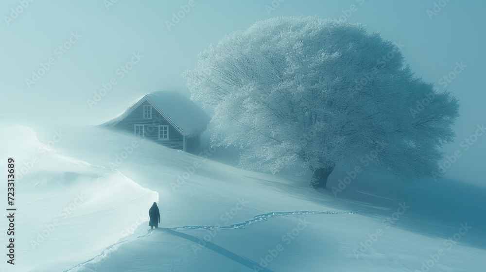 Poster a person standing in a snowy field next to a tree and a house with a tree in the foreground and a pe