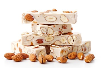 Collage design with mouthwatering nougat and peanuts on white background