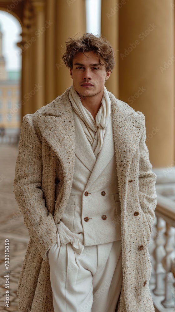 Aufkleber a man in a white suit and coat standing in front of a pillared building with columns on either side 