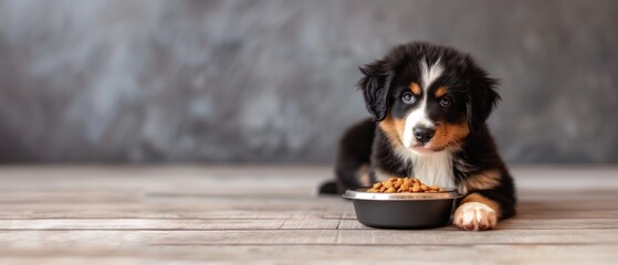 Cute Bernese puppy eats kibble from a bowl