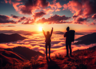 Silhouette of a man on top of a mountain, concept of success and travel