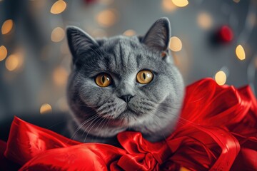 Portrait of a cat with gray fur and yellow eyes wear red bow