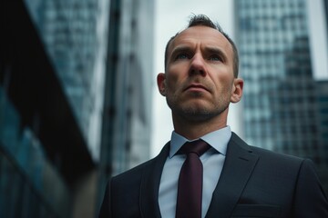 Portrait of a man in a suit and a tie looking serious, against the backdrop of skyscrapers