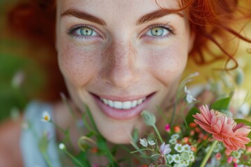 Portrait of a woman with green eyes and red hair smiling