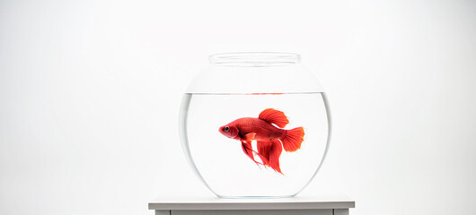 vaso, boccia in vetro con acqua e pesce rosso betta, primo piano con sfondo bianco