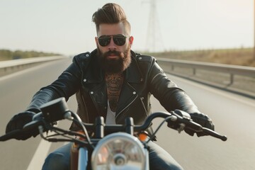 Fototapeta na wymiar Portrait of a young man with a beard and a tattoo biker rides a motorcycle