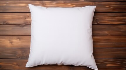 White pillow mockup on a wooden background.