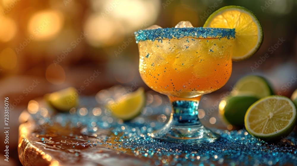 Poster a close up of a drink on a table with limes and a slice of lime on the side of the glass with a blue