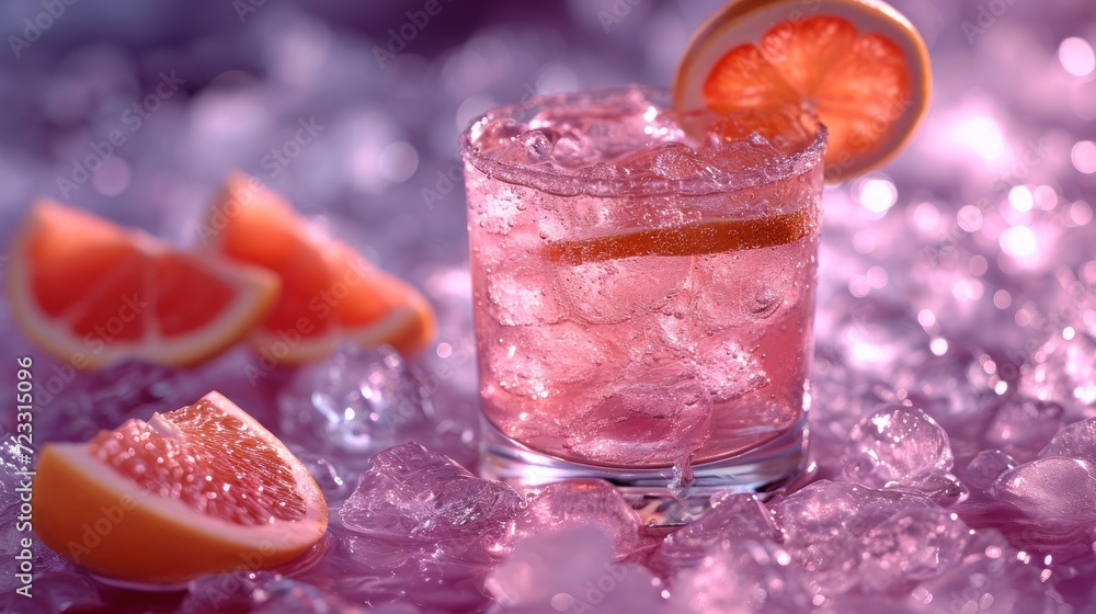 Poster a close up of a drink with grapefruit and a slice of grapefruit on a table with other grapefruits an