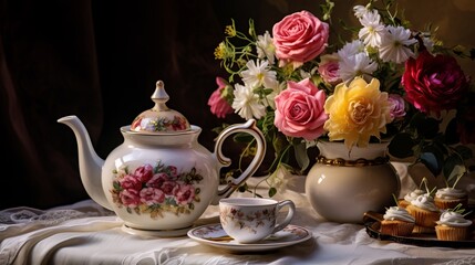 Obraz na płótnie Canvas Flowers near teapot and beverage