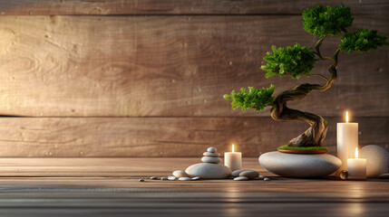 Bonsai trees, zen stones, and lighted candles on a wooden background, This concept of spa still life with stones