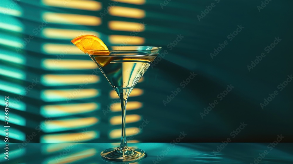 Poster a close up of a drink in a glass with a slice of orange on the rim and a shadow of a building on the