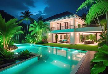 Luxurious tropical villa with swimming pool and exquisite architecture in a lush green garden, evening lighting of the relaxation area,