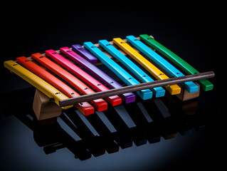 a colorful xylophone on a black surface - obrazy, fototapety, plakaty