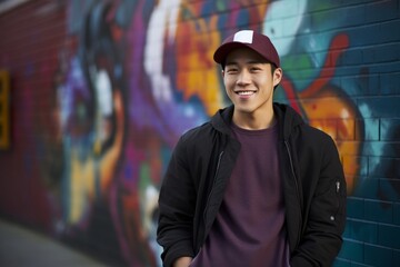 Fototapeta premium Young Asian university student in a baseball cap, deep in thought against a colorful graffiti backdrop
