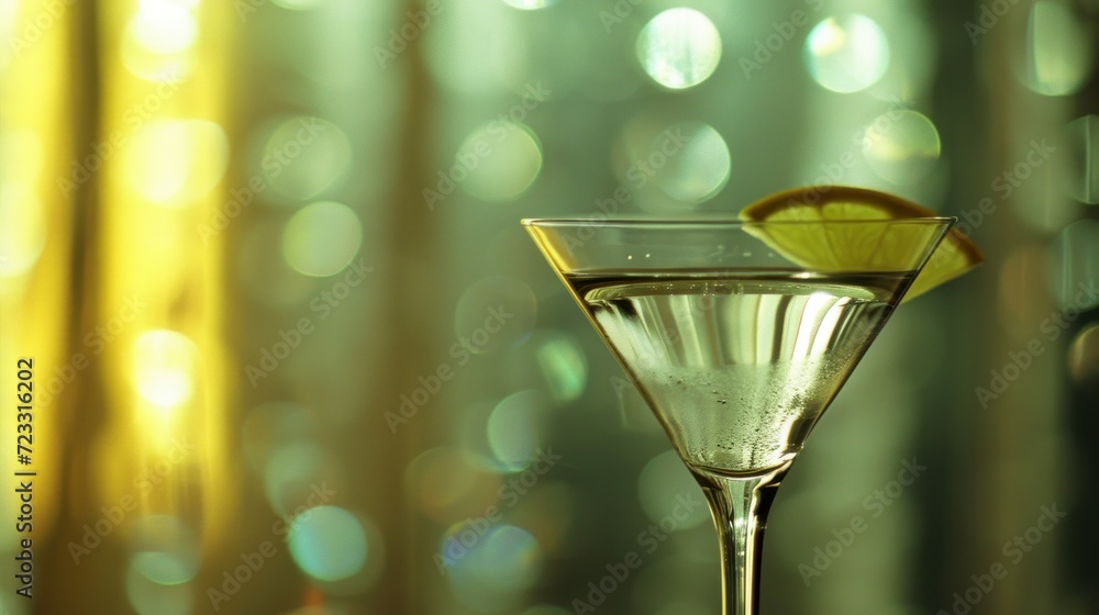 Poster a close up of a martini glass with a slice of lemon on the rim and a blurry background of a window w
