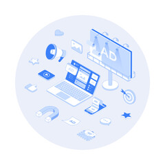 Effective advertising campaign. Promotion of goods and services using Outdoor Advertising, Internet ads, Direct marketing. Vector outline illustration with isometry scene for web graphic