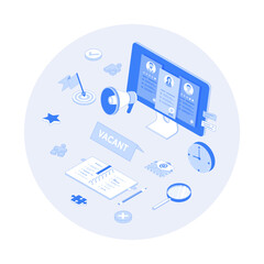 Recruitment Process. Human Resource Management and Hiring concept. Choosing the best candidate, search for a new employee. Vector outline illustration with isometry scene for web graphic