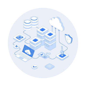 Web hosting, Сloud computing storage, Database, Network connection. Hosting servers, computer, cloud. Vector outline illustration with isometry scene for web graphic