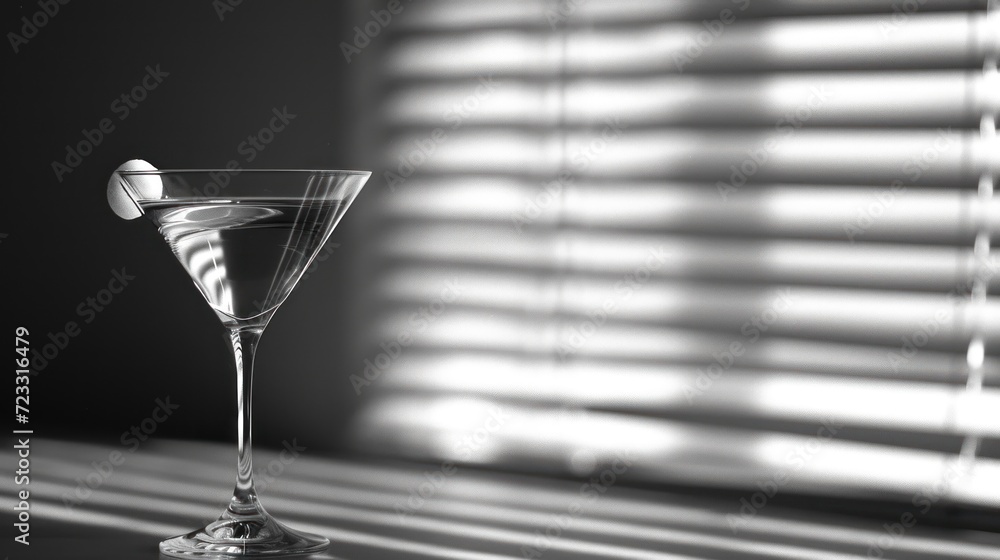 Poster a martini glass sitting on a table in front of a window with blinds on the outside of the window and