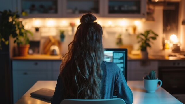 A young woman sits in dark blue pajamas and works on a computer at a table in the kitchen