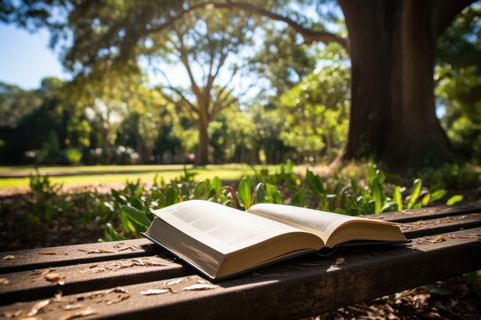 An open book on a park bench invites a peaceful reading session amidst the tranquility of a lush park setting