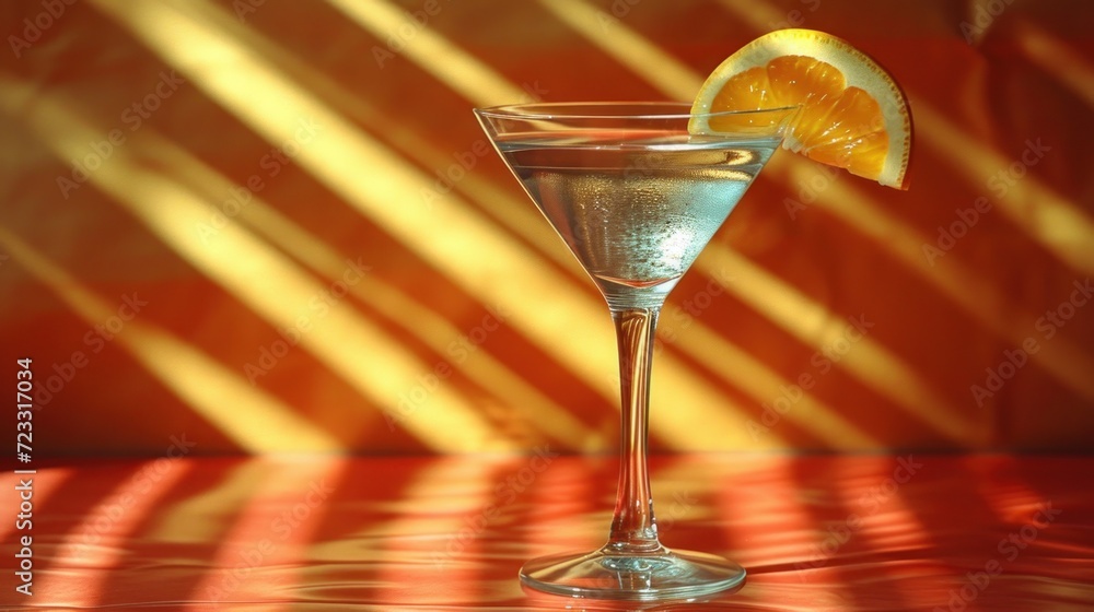 Poster a close up of a martini glass with a slice of an orange on the rim and a shadow of a wall behind it 