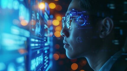 A businessman analyzes intricate data patterns with the aid of advanced AI algorithms