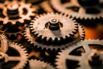 Close-up image of interlocking metal gears with intricate details, representing concepts of engineering and mechanical teamwork.