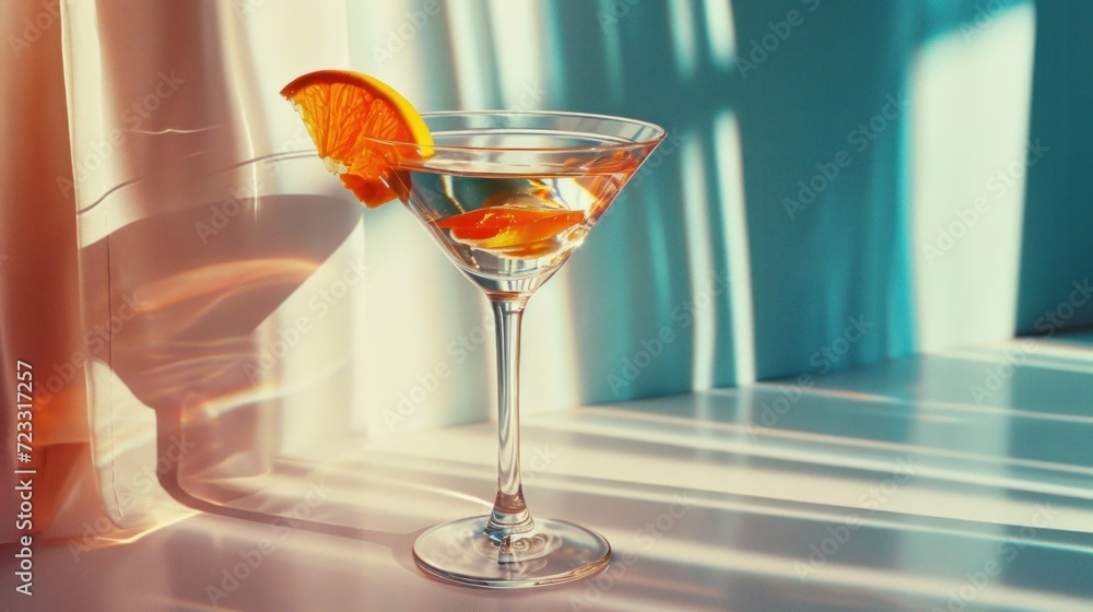 Poster a close up of a drink in a glass with an orange slice on the rim and a window sill in the background