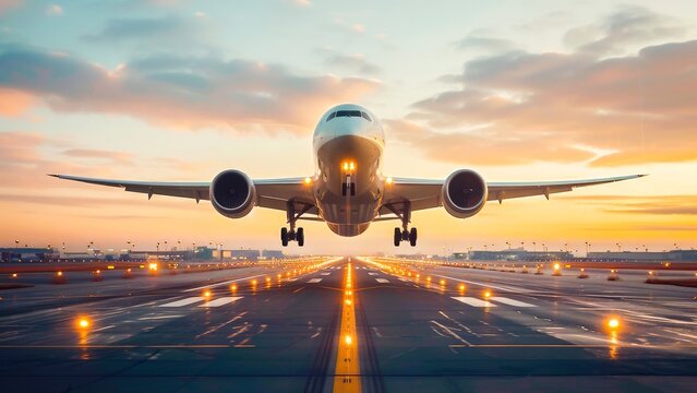 Commercial airplane taking off from the runway at sunset with glowing lights and a clear sky.