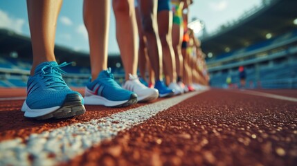 Athletes runners stand at the stadium getting ready to start