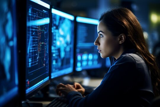 A Focused Female Software Developer Engrossed in Solving Complex Coding Challenges in a High-Tech Workspace