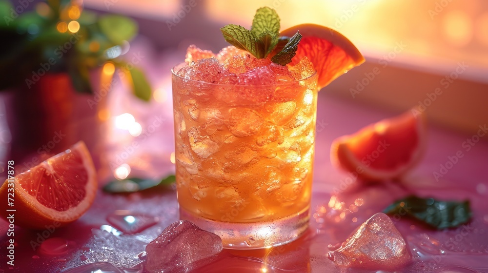 Poster a close up of a drink in a glass with ice and a slice of grapefruit on a table with other grapefruit