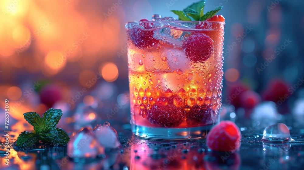 Poster a close up of a drink with ice and strawberries on a table with a blurry background of ice cubes and