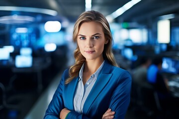 Focused Female Defense Technology Scientist Immersed in Her Research in a Futuristic Lab