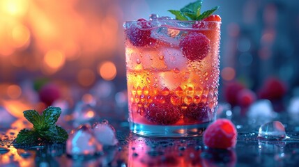  a close up of a drink with ice and strawberries on a table with a blurry background of ice cubes and raspberries in the foreground.