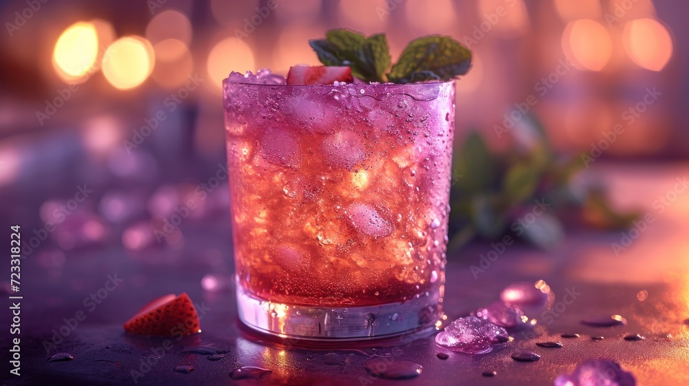 Poster  a close up of a drink in a glass with ice and strawberries on a table with lights in the background and a few pieces of fruit on the table.