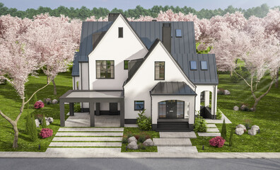 3d rendering of cute cozy white and black modern Tudor style house with parking  and pool for sale or rent. Fresh spring day with a blooming trees with flowers of sakura.