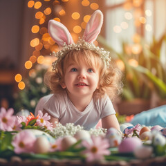 Adorable Toddler with Bunny Ears Amidst Easter Eggs and Flowers, Capturing the Joy of Springtime Celebrations in High-Definition Photography