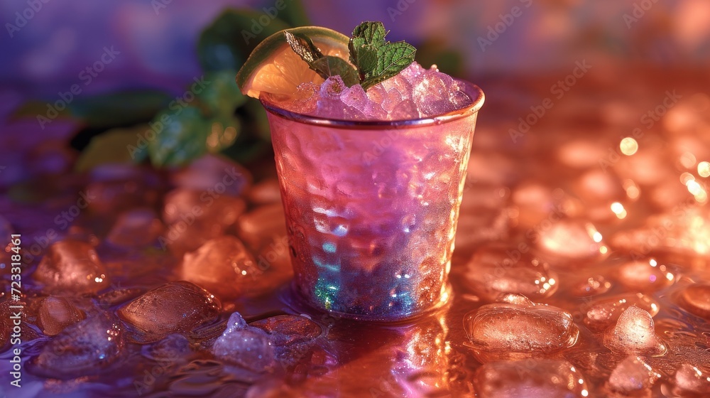 Poster a close up of a glass with a drink on a table with ice cubes and a green leaf on top of the glass an