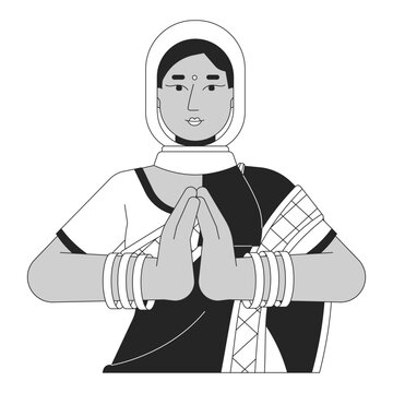 recommend clip art: Traditional indian woman namaste black and white 2D line cartoon character. Anjali mudra pressing palms together isolated vector outline person. Hindu festival monochromatic flat spot illustration