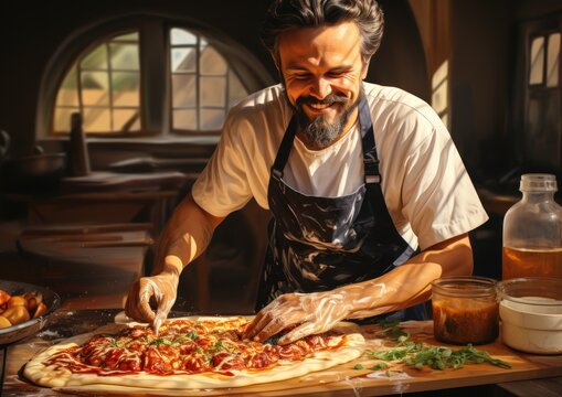 Chef joyfully garnishes a pizza in a sunlit kitchen, an embodiment of culinary passion